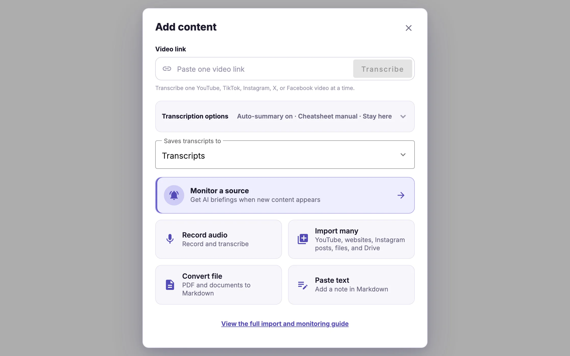 The Keldura Add content window: paste a video link, monitor a source, record audio, import many, convert a file or paste text