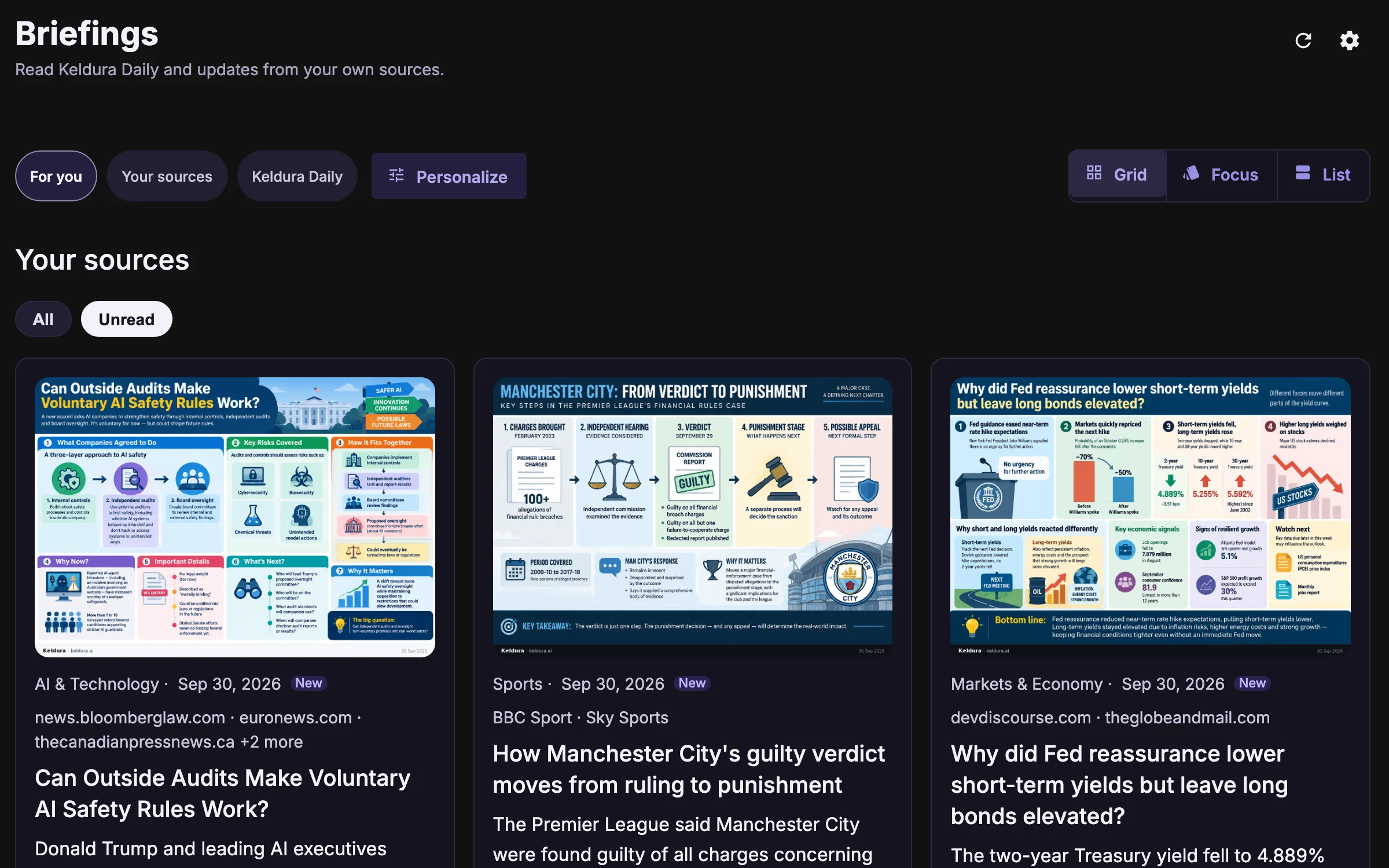 Keldura Briefings: a grid of new briefing cards, each with a visual cheatsheet