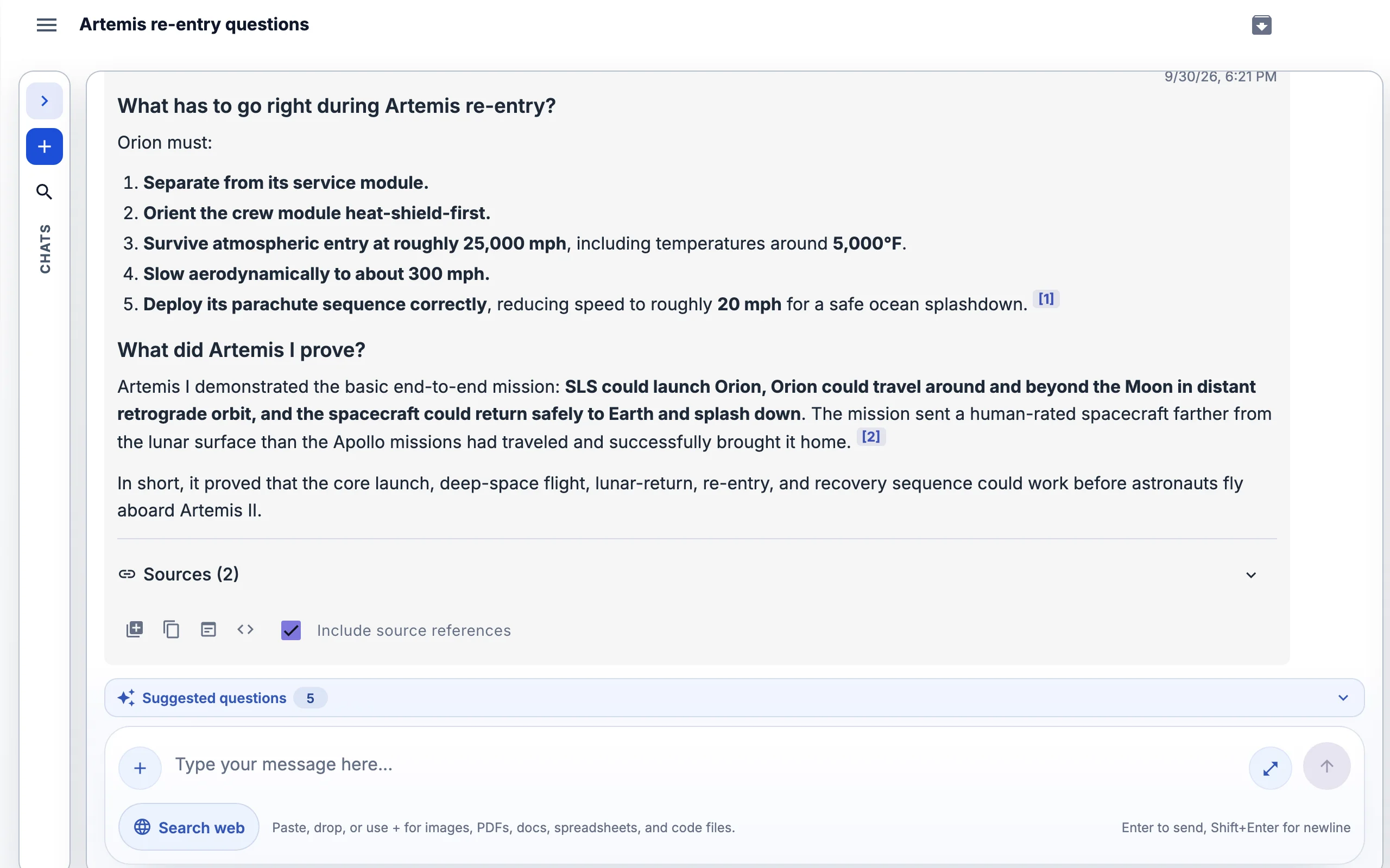 A Keldura chat answer about Artemis re-entry with numbered citations, its sources and suggested questions