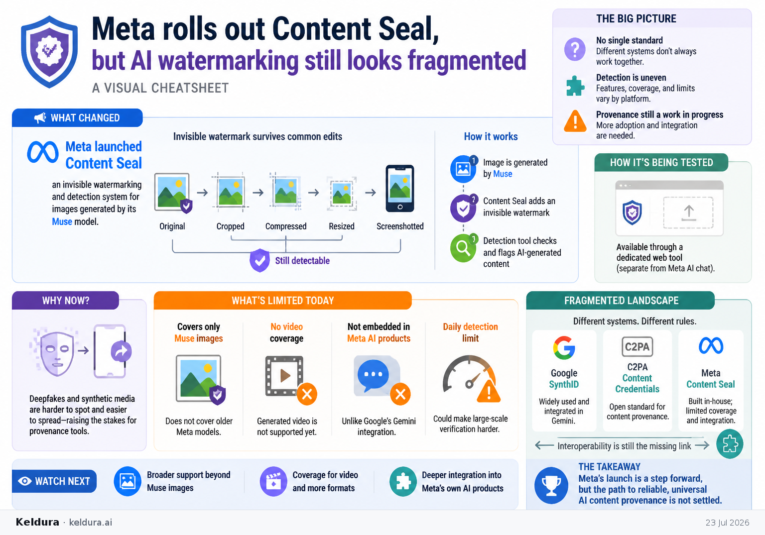 Visual Cheatsheet Version A for Meta rolls out Content Seal, but AI watermarking still looks fragmented. Full text follows for assistive technology.