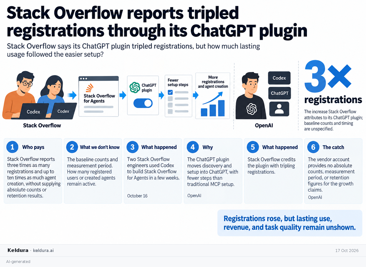 Visual Cheatsheet Version A for Stack Overflow reports tripled registrations through its ChatGPT plugin. Full text follows for assistive technology.