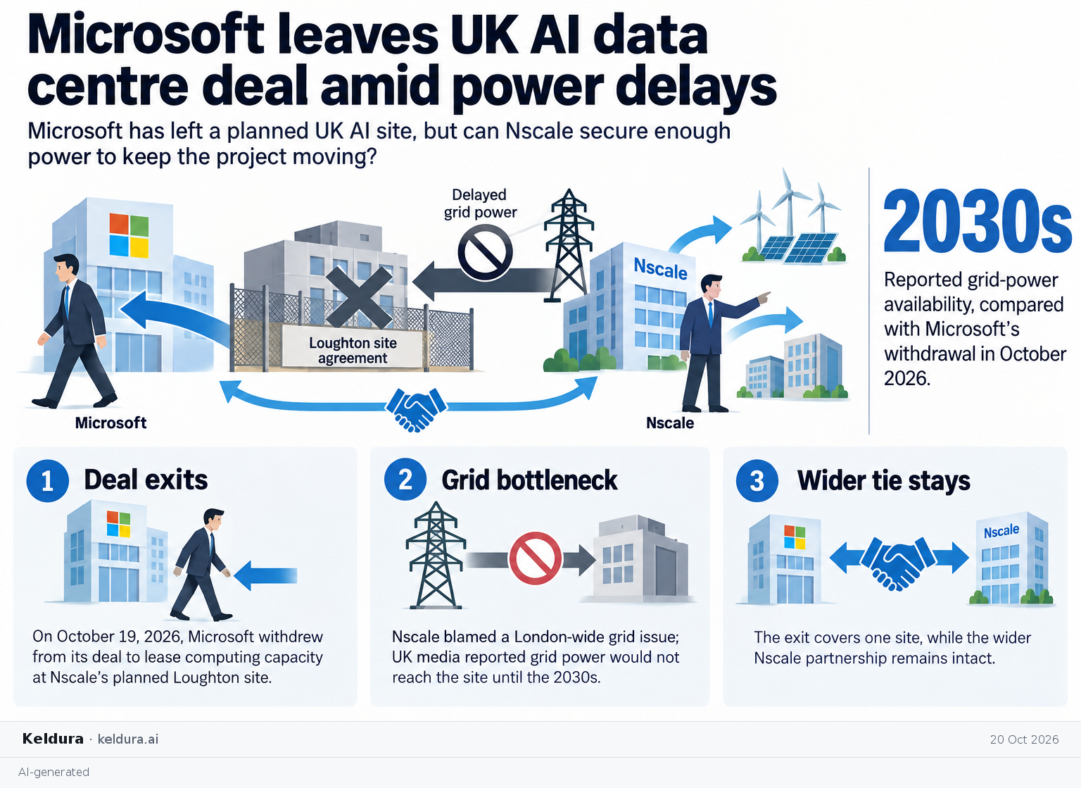 Visual Cheatsheet Version A for Microsoft leaves UK AI data centre deal amid power delays. Full text follows for assistive technology.
