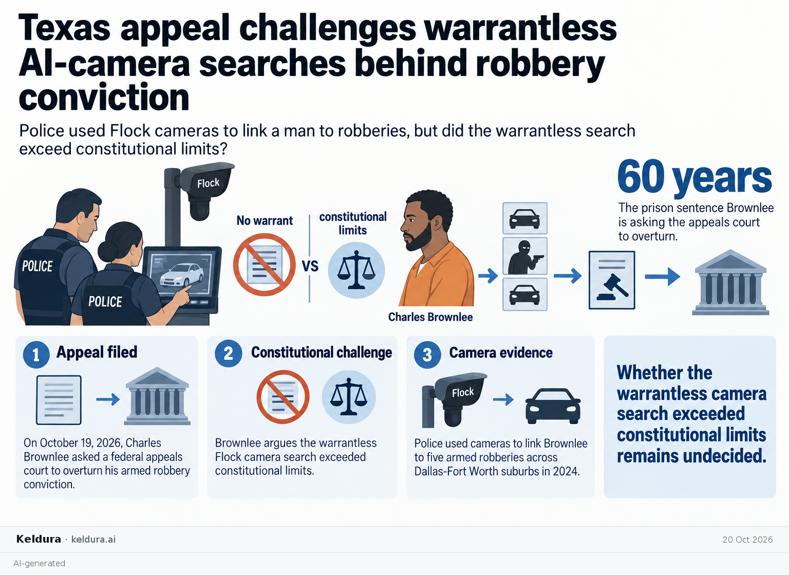 Visual Cheatsheet Version A for Texas appeal challenges warrantless AI-camera searches behind robbery conviction. Full text follows for assistive technology.