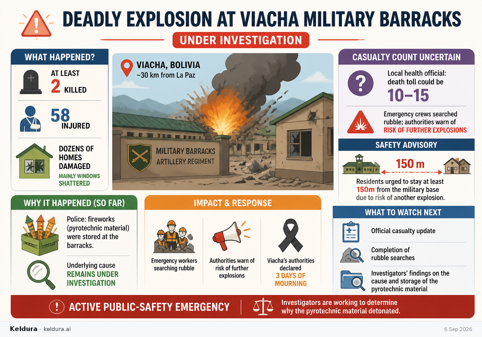 Visual Cheatsheet Version A for Deadly explosion at Bolivian military barracks remains under investigation. Full text follows for assistive technology.