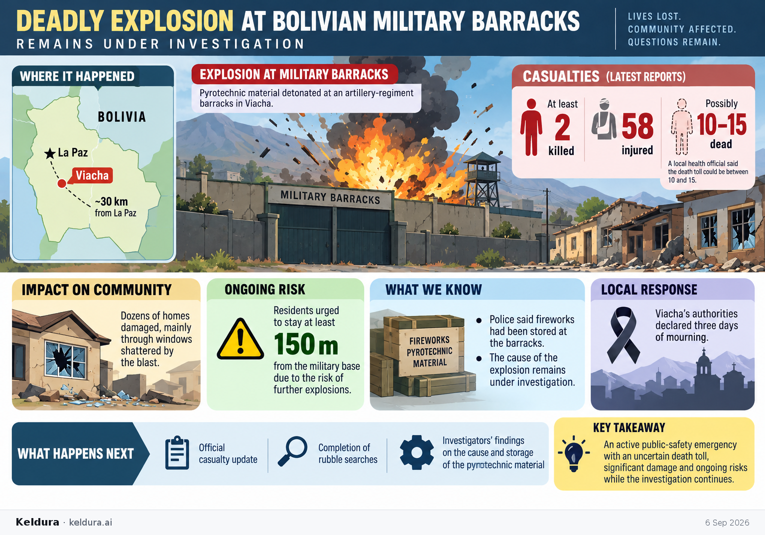 Visual Cheatsheet Version A for Deadly explosion at Bolivian military barracks remains under investigation. Full text follows for assistive technology.