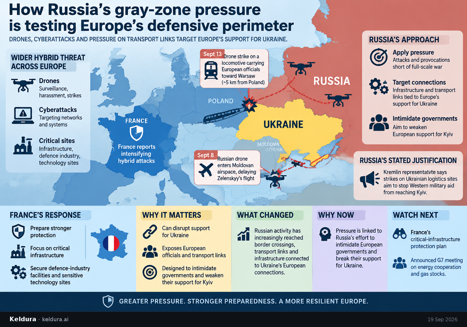 Visual Cheatsheet Version A for How Russia’s gray-zone pressure is testing Europe’s defensive perimeter. Full text follows for assistive technology.