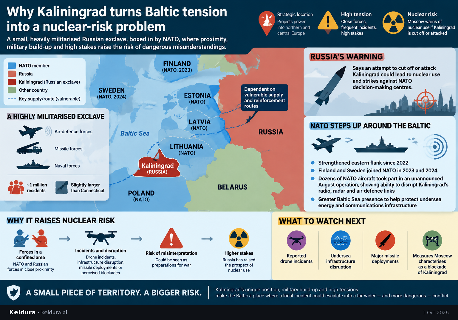 Visual Cheatsheet Version A for Why Kaliningrad turns Baltic tension into a nuclear-risk problem. Full text follows for assistive technology.
