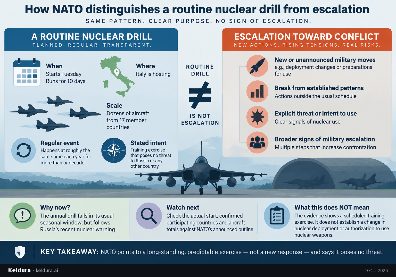 Visual Cheatsheet Version A for How NATO distinguishes a routine nuclear drill from escalation. Full text follows for assistive technology.