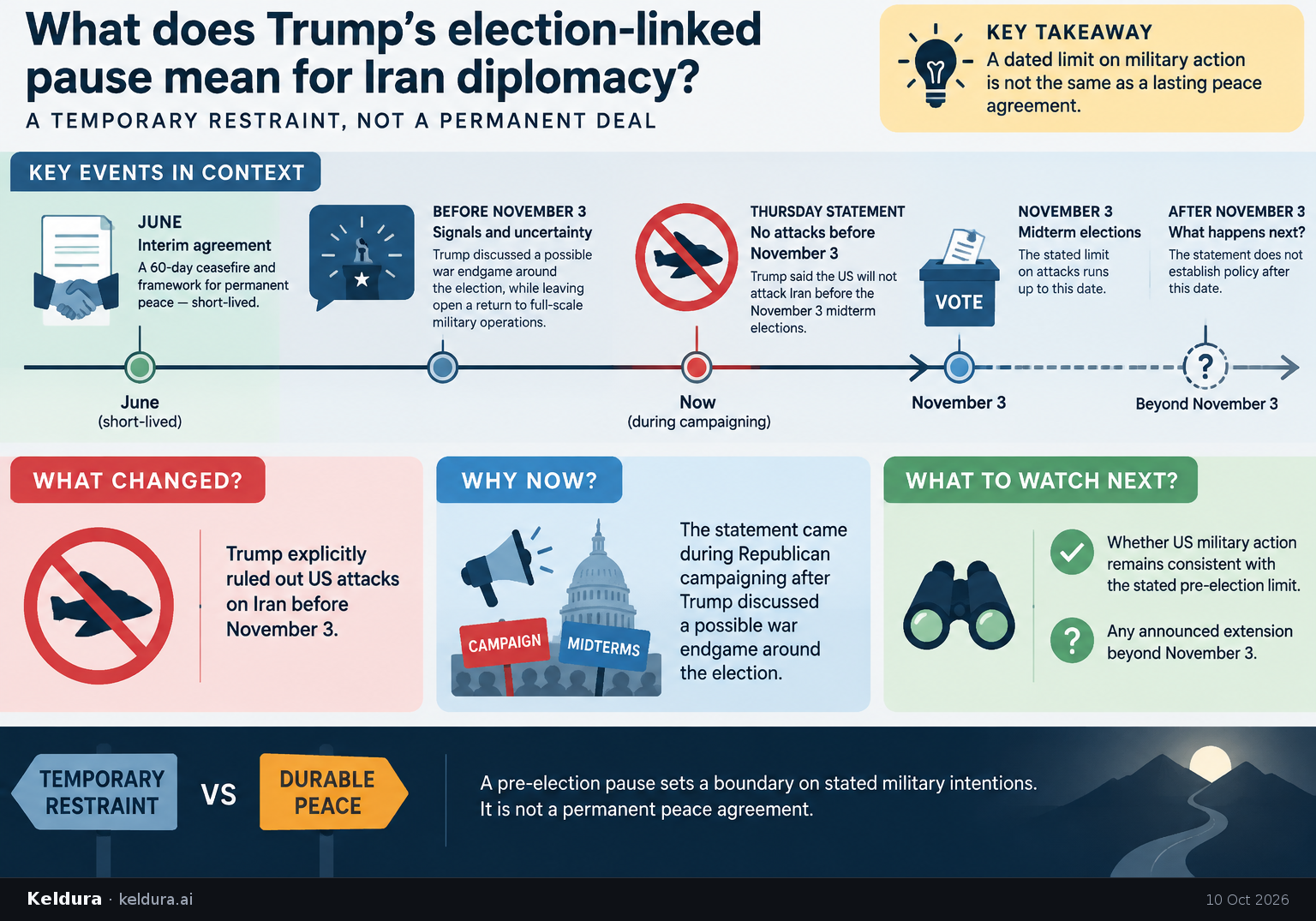 Visual Cheatsheet Version A for What does Trump’s election-linked pause mean for Iran diplomacy?. Full text follows for assistive technology.