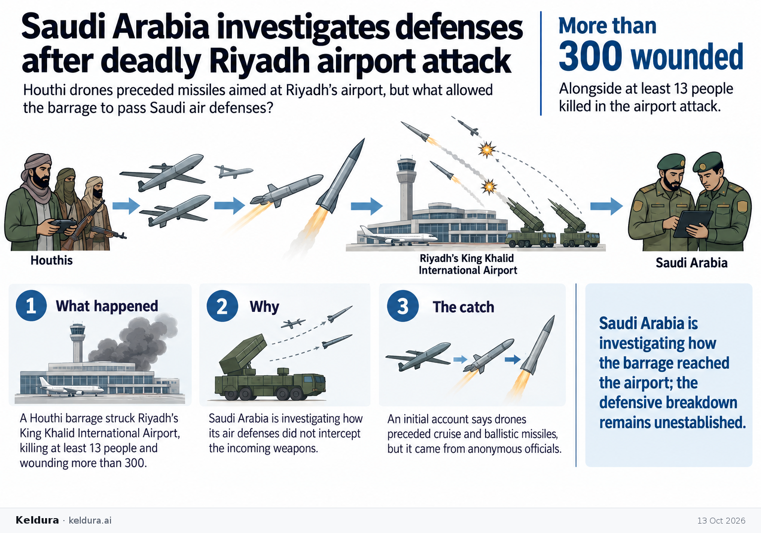 Visual Cheatsheet Version A for Saudi Arabia investigates defenses after deadly Riyadh airport attack. Full text follows for assistive technology.