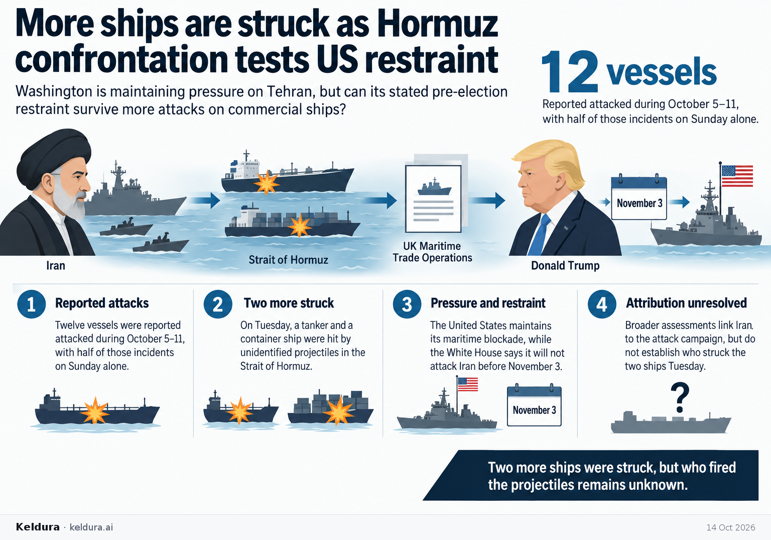 Visual Cheatsheet Version A for More ships are struck as Hormuz confrontation tests US restraint. Full text follows for assistive technology.
