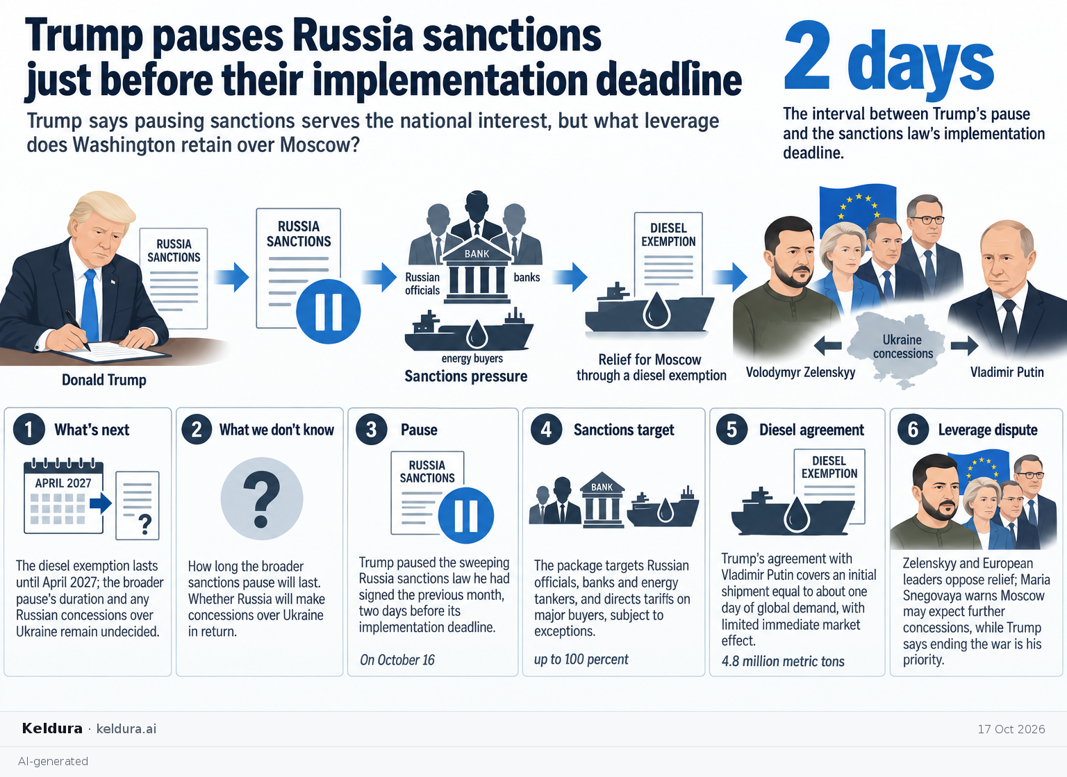 Visual Cheatsheet Version A for Trump pauses Russia sanctions just before their implementation deadline. Full text follows for assistive technology.
