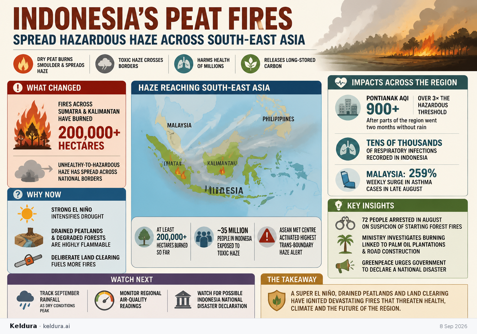 Visual Cheatsheet Version A for Indonesia’s peat fires spread hazardous haze across South-East Asia. Full text follows for assistive technology.