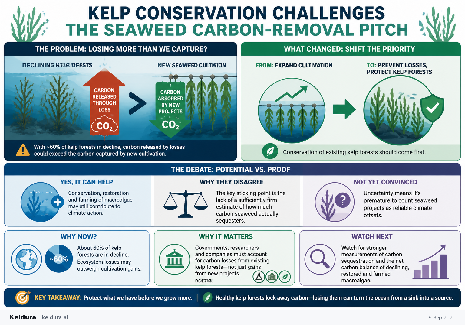 Visual Cheatsheet Version A for Kelp conservation challenges the seaweed carbon-removal pitch. Full text follows for assistive technology.