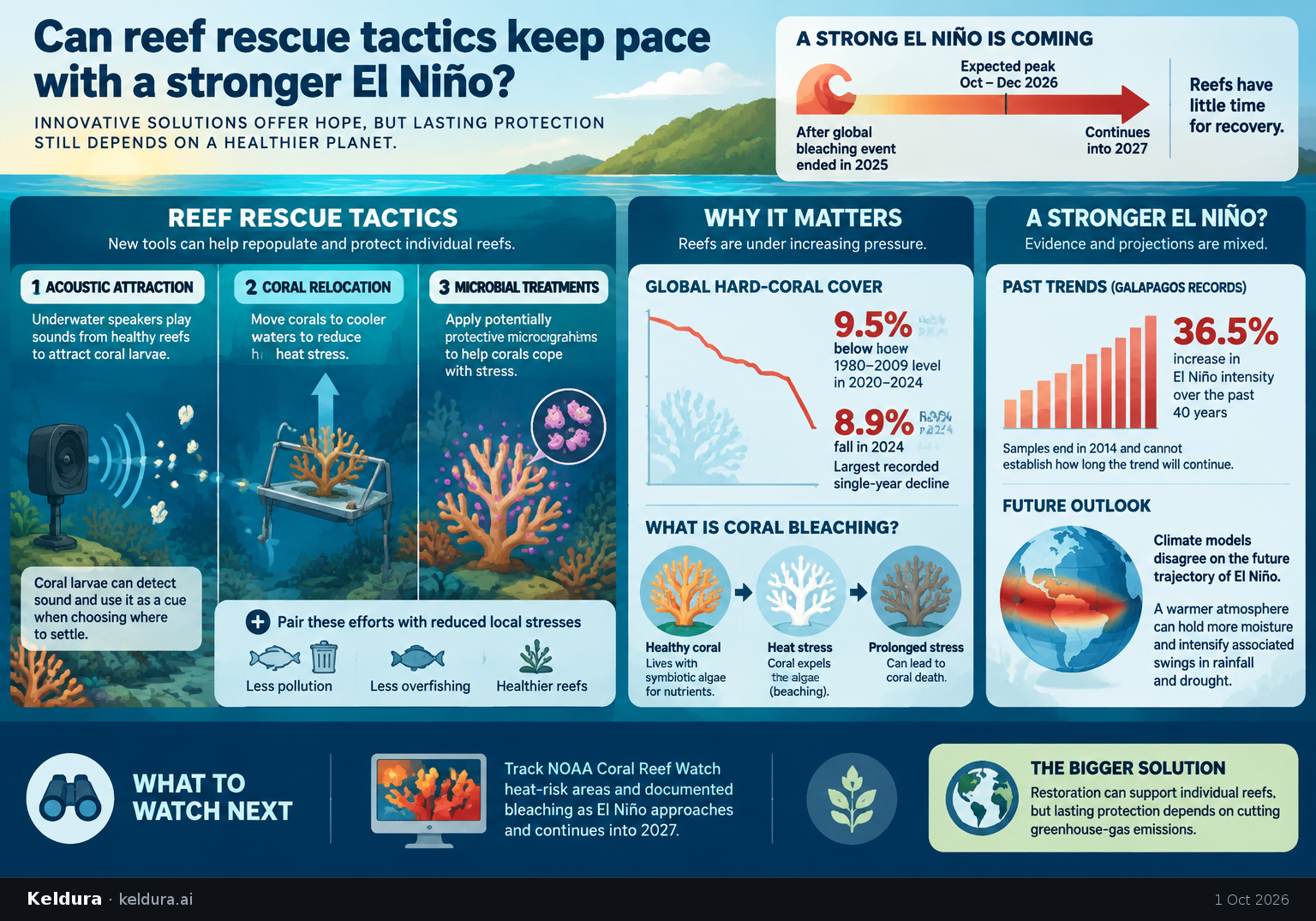 Visual Cheatsheet Version A for Can reef rescue tactics keep pace with a stronger El Niño?. Full text follows for assistive technology.