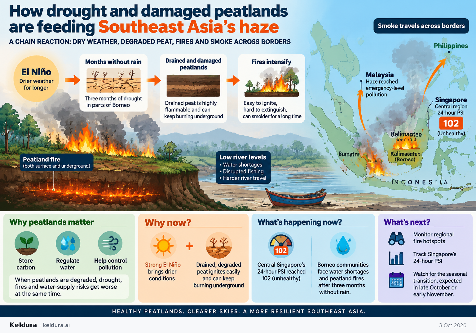 Visual Cheatsheet Version A for How drought and damaged peatlands are feeding Southeast Asia’s haze. Full text follows for assistive technology.