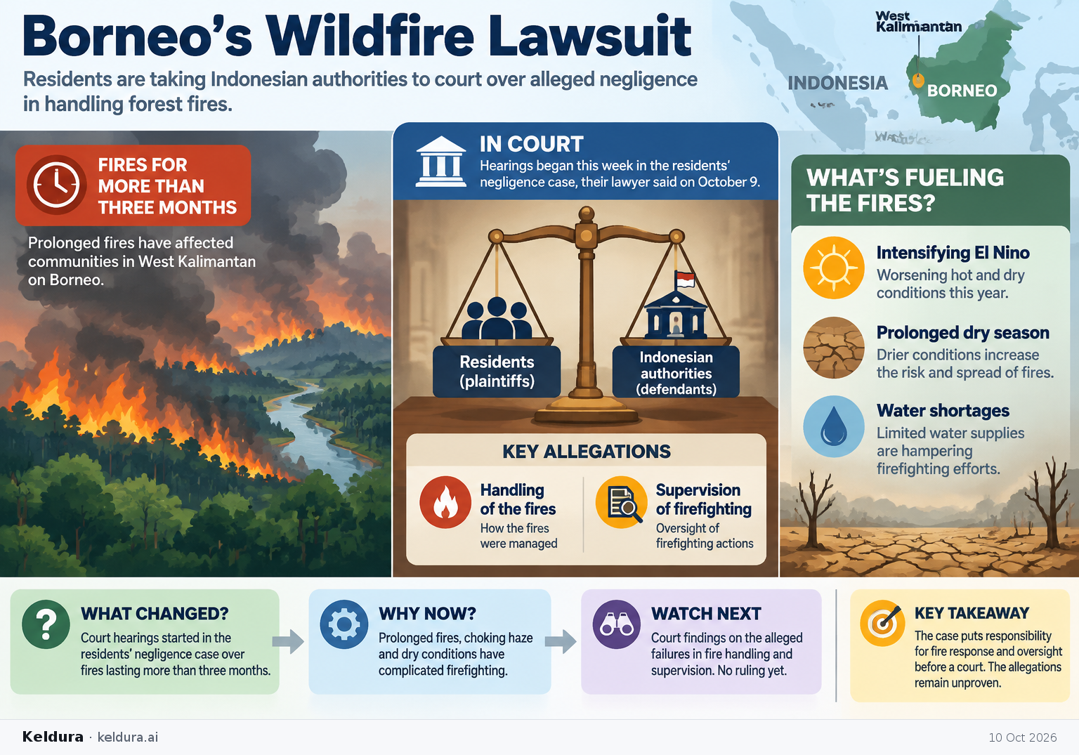 Visual Cheatsheet Version A for What Borneo’s wildfire lawsuit asks authorities to answer for. Full text follows for assistive technology.