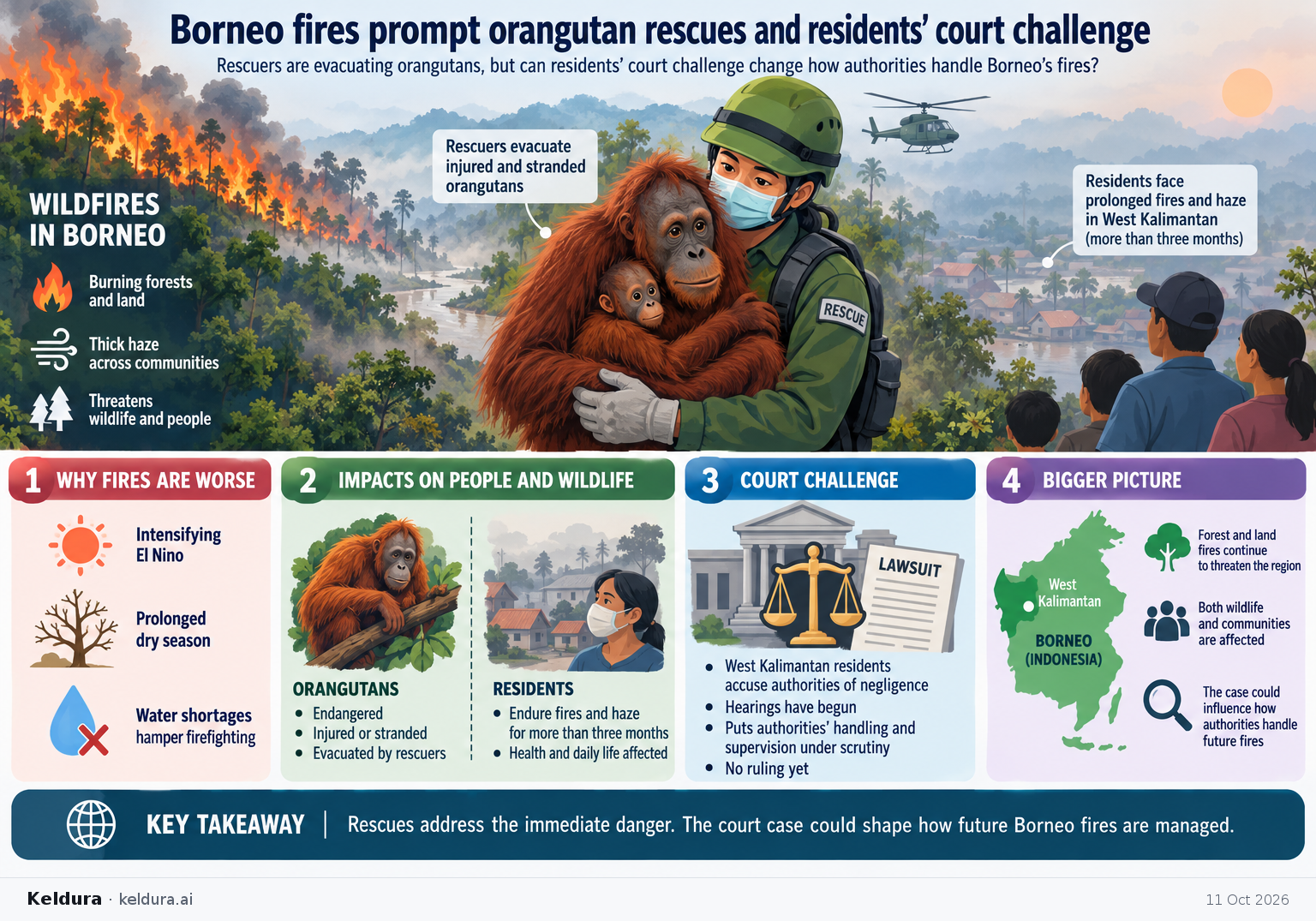 Visual Cheatsheet Version A for Borneo fires prompt orangutan rescues and residents’ court challenge. Full text follows for assistive technology.