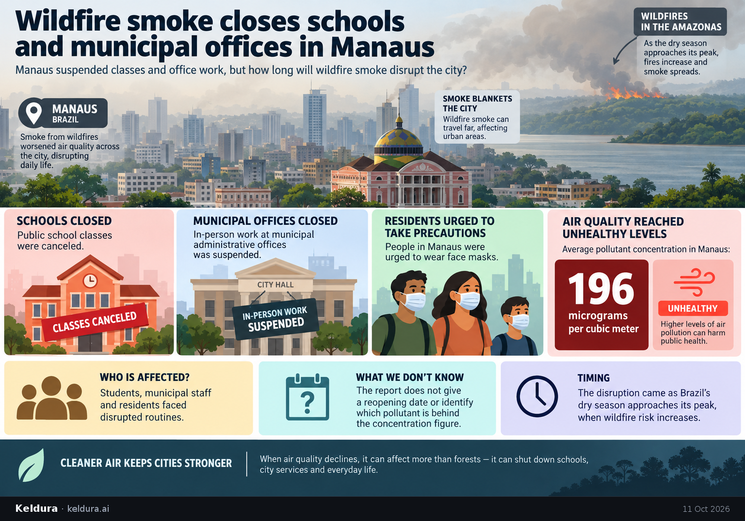 Visual Cheatsheet Version A for Wildfire smoke closes schools and municipal offices in Manaus. Full text follows for assistive technology.