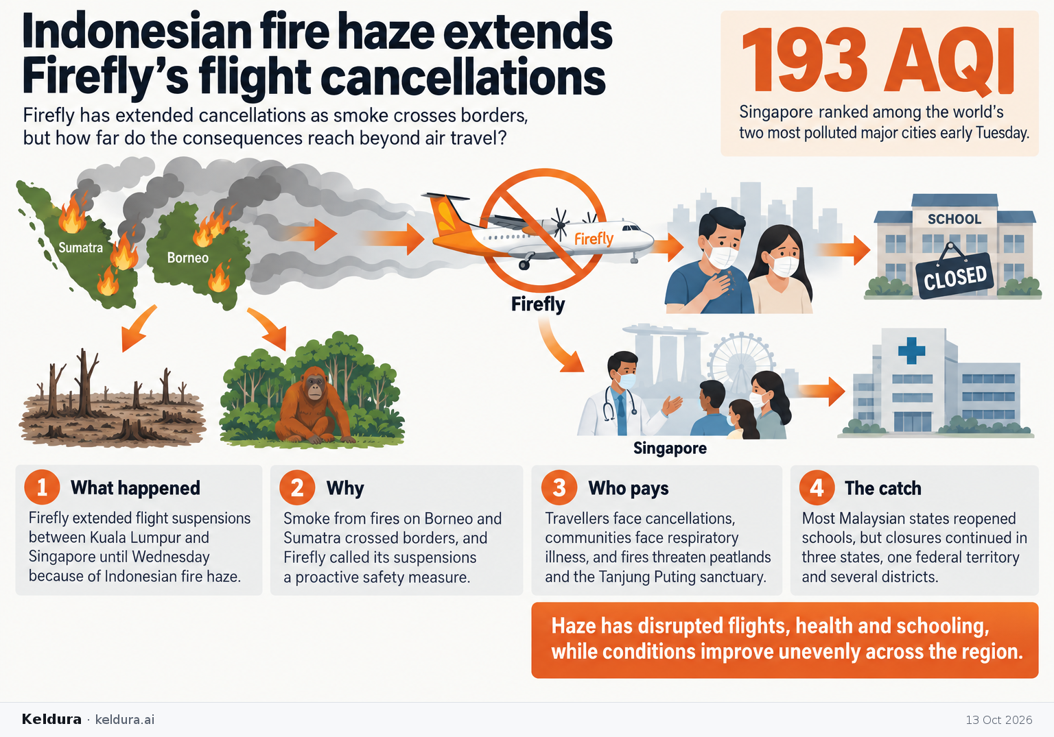 Visual Cheatsheet Version A for Indonesian fire haze extends Firefly's flight cancellations. Full text follows for assistive technology.