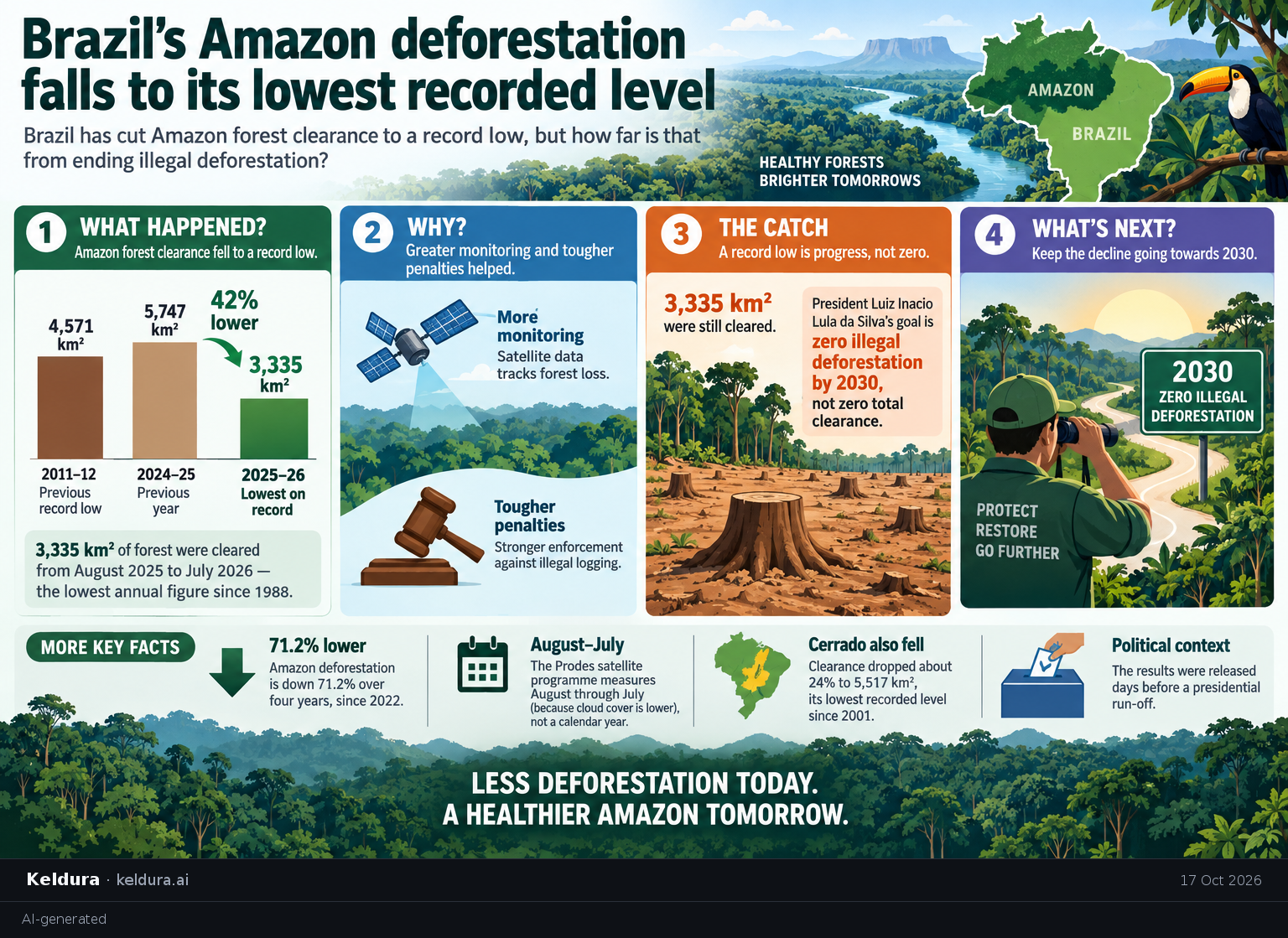 Visual Cheatsheet Version A for Brazil's Amazon deforestation falls to its lowest recorded level. Full text follows for assistive technology.