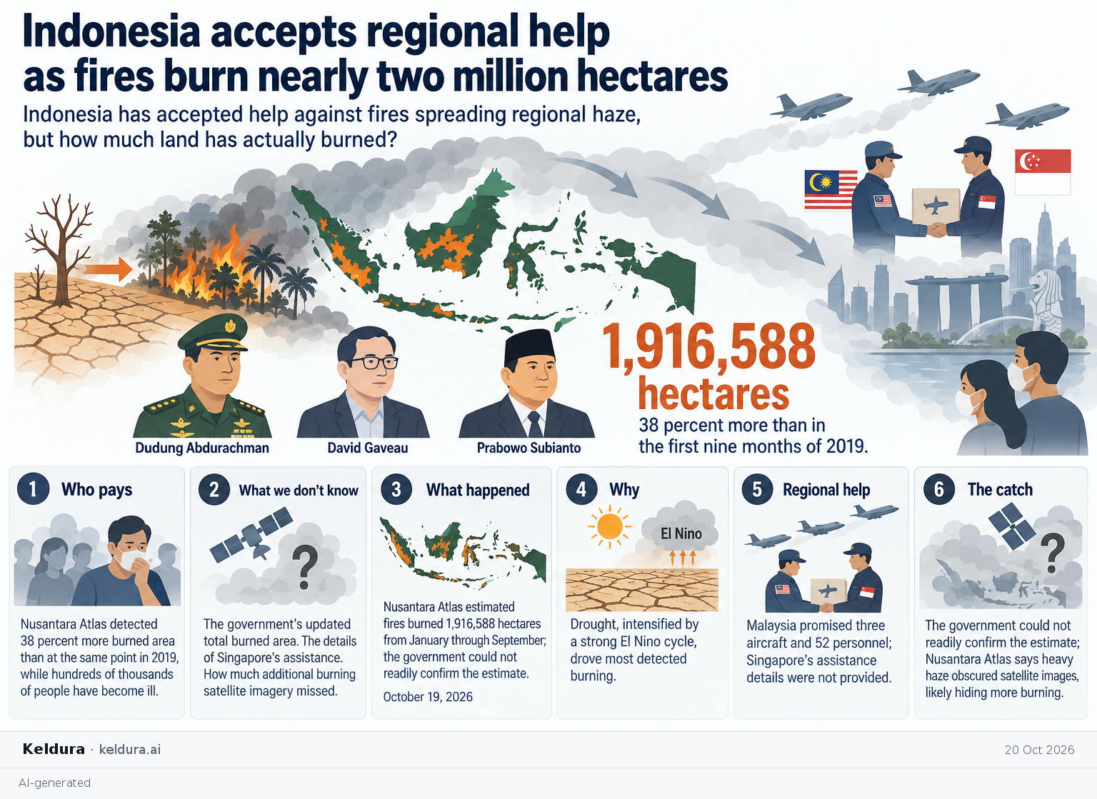 Visual Cheatsheet Version A for Indonesia accepts regional help as fires burn nearly two million hectares. Full text follows for assistive technology.