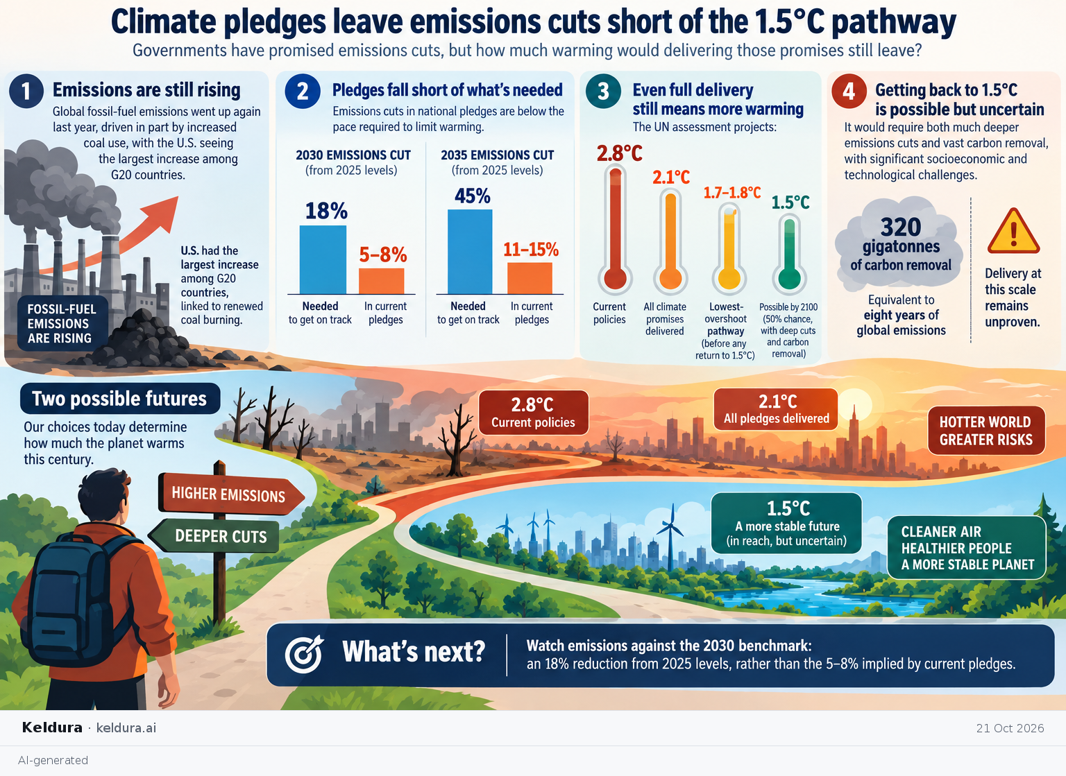 Visual Cheatsheet Version A for Climate pledges leave emissions cuts short of the 1.5°C pathway. Full text follows for assistive technology.