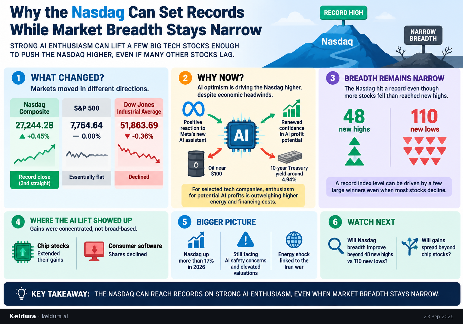 Visual Cheatsheet Version A for Why the Nasdaq can set records while market breadth stays narrow. Full text follows for assistive technology.