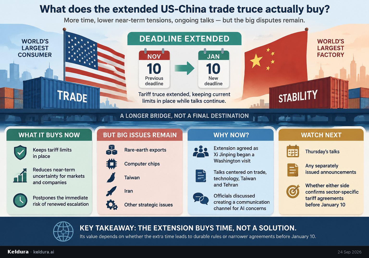 Visual Cheatsheet Version A for What does the extended US-China trade truce actually buy?. Full text follows for assistive technology.