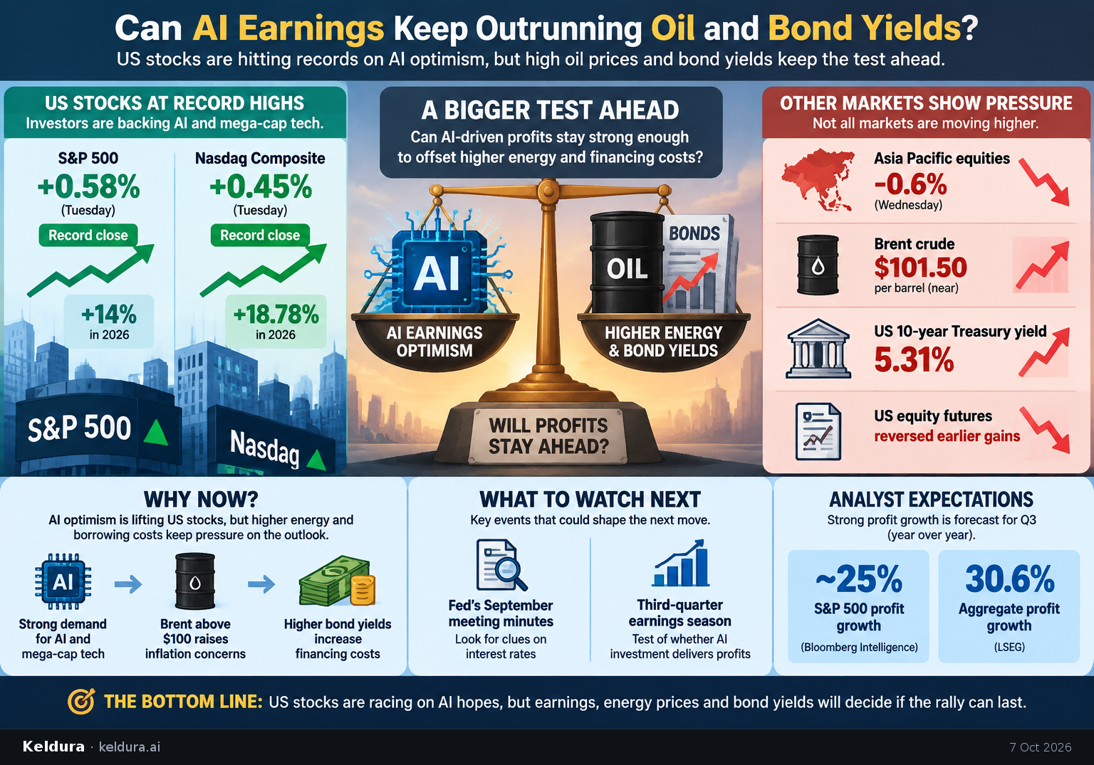 Visual Cheatsheet Version A for Can AI earnings keep outrunning oil and bond yields?. Full text follows for assistive technology.