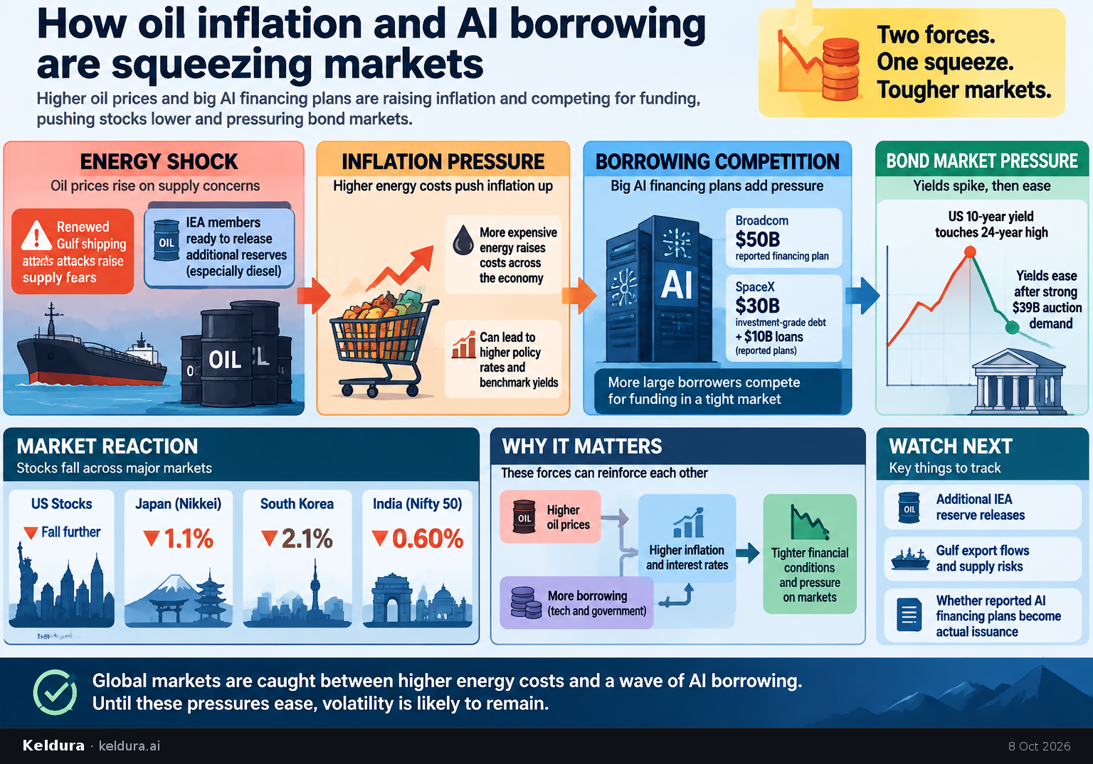 Visual Cheatsheet Version A for How oil inflation and AI borrowing are squeezing markets. Full text follows for assistive technology.