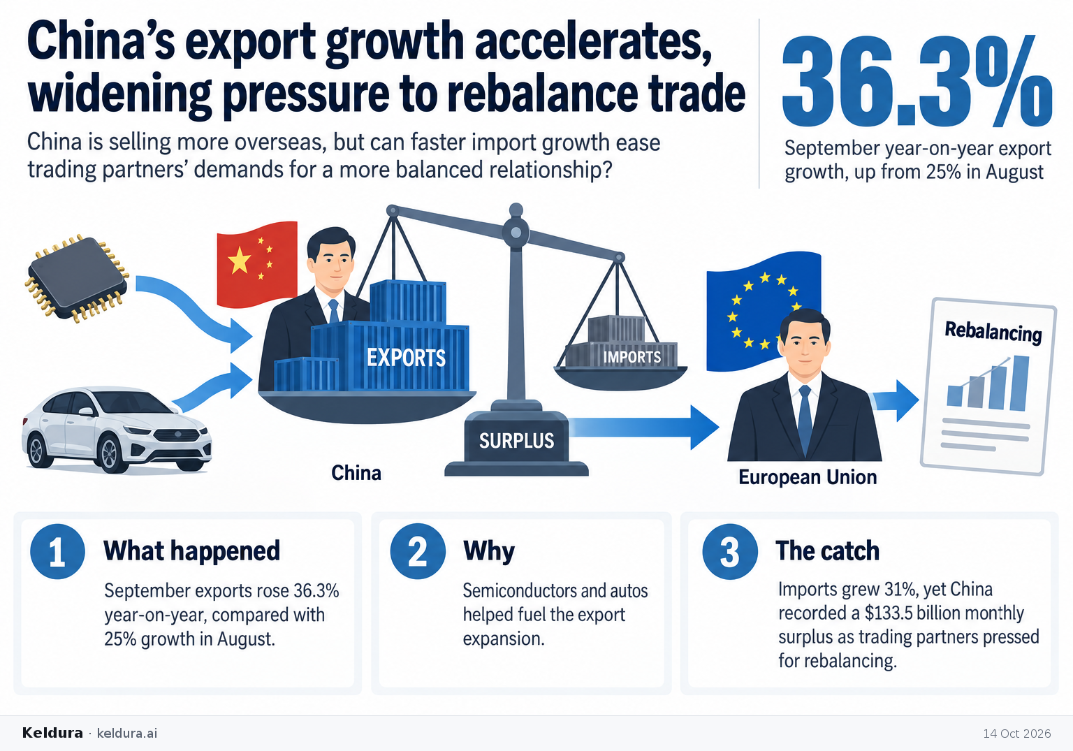 Visual Cheatsheet Version A for China’s export growth accelerates, widening pressure to rebalance trade. Full text follows for assistive technology.
