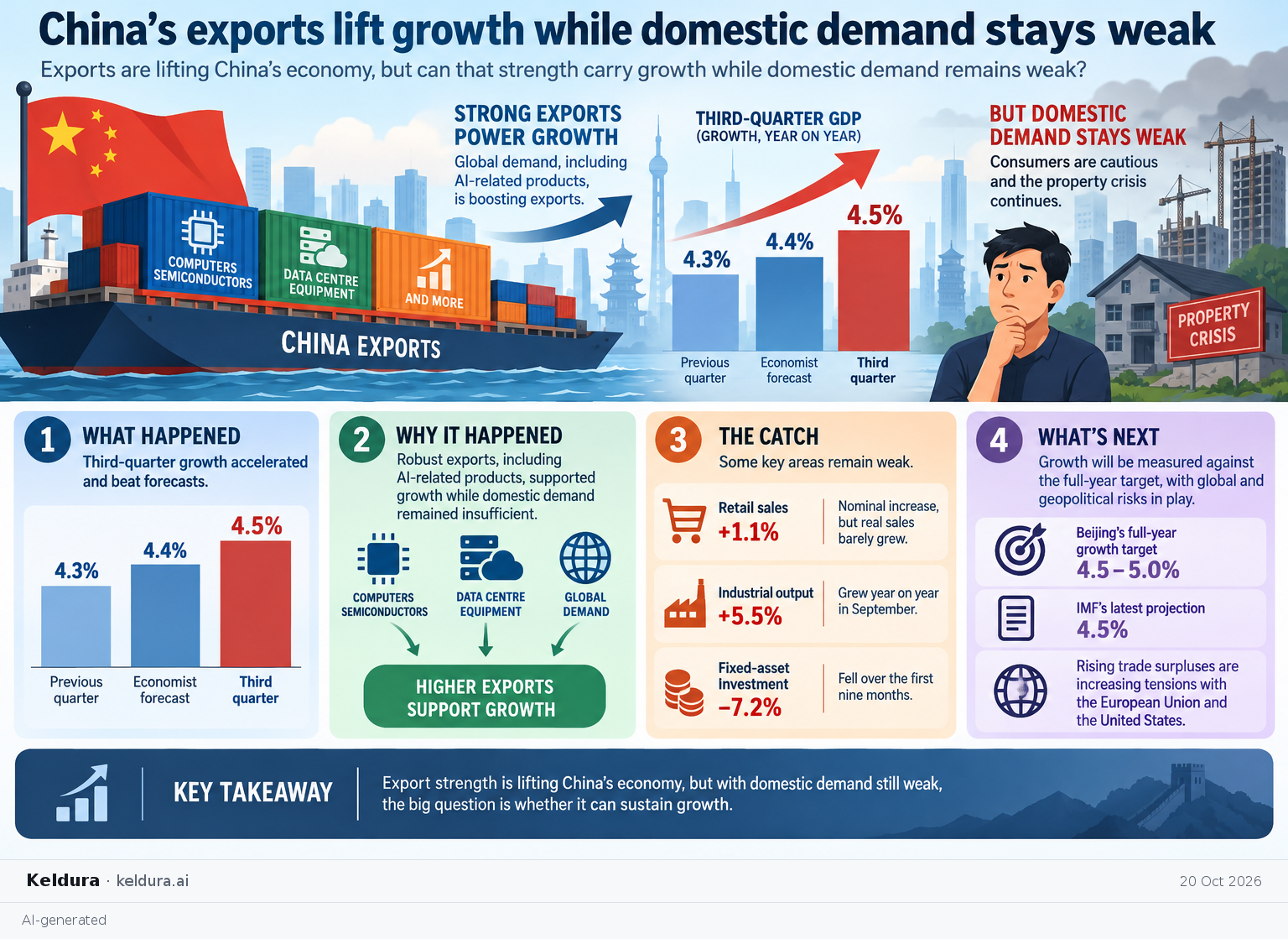 Visual Cheatsheet Version A for China’s exports lift growth while domestic demand stays weak. Full text follows for assistive technology.