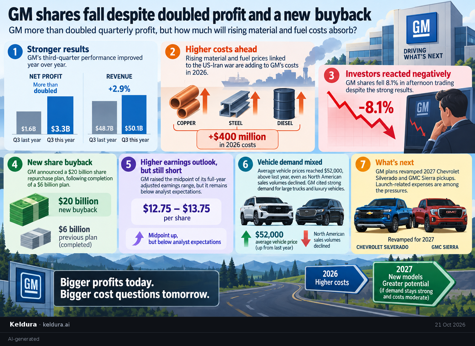 Visual Cheatsheet Version A for GM shares fall despite doubled profit and a new buyback. Full text follows for assistive technology.