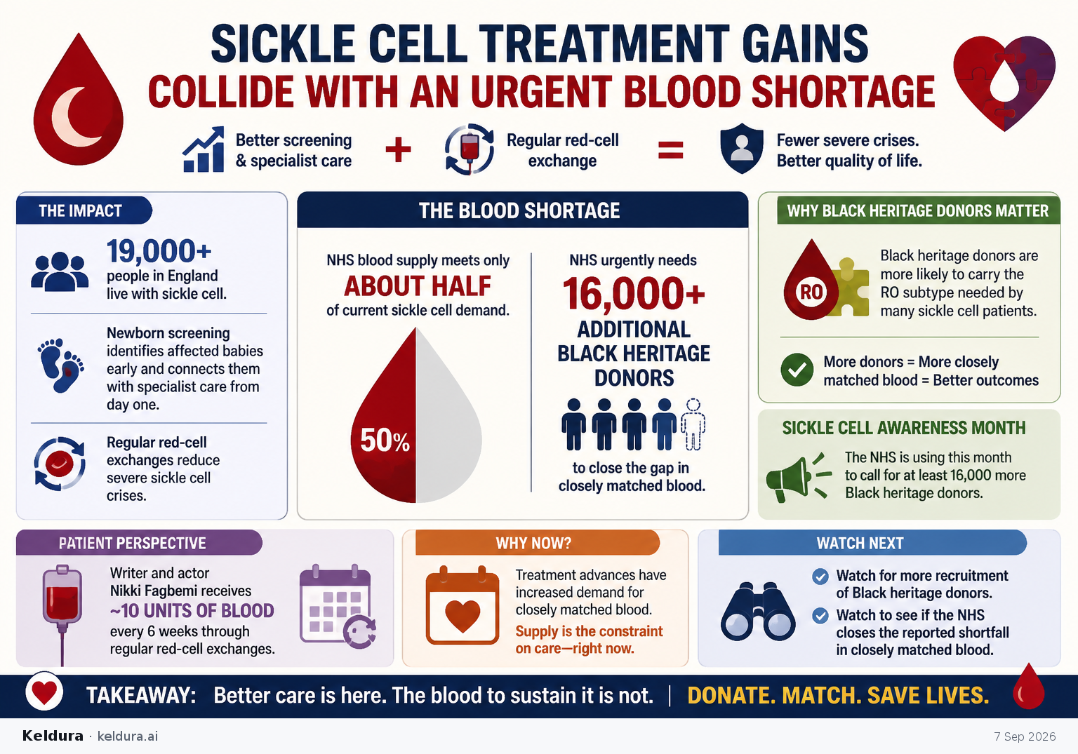 Visual Cheatsheet Version A for Sickle cell treatment gains collide with an urgent blood shortage. Full text follows for assistive technology.