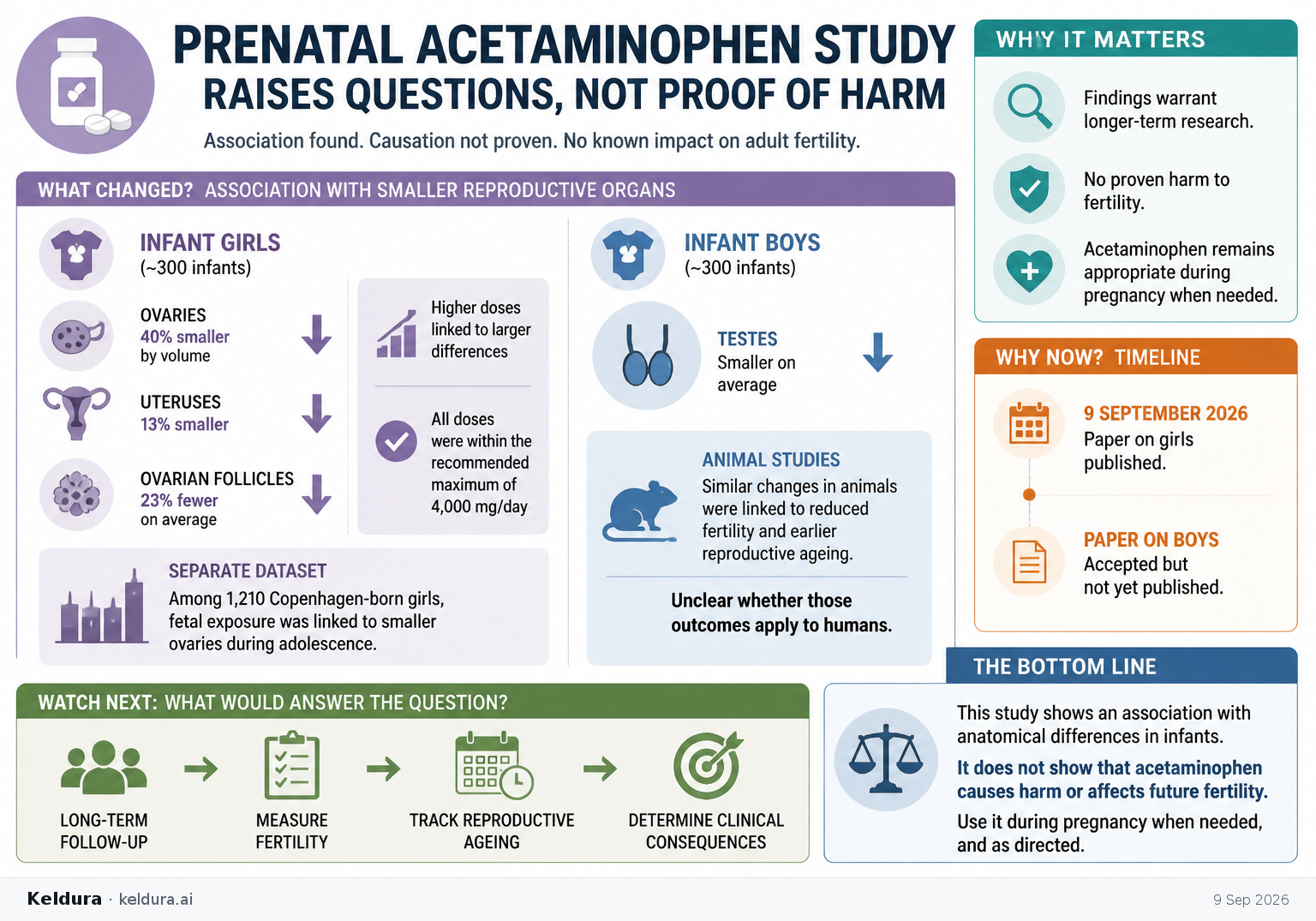 Visual Cheatsheet Version A for Prenatal acetaminophen study raises questions, not proof of harm. Full text follows for assistive technology.