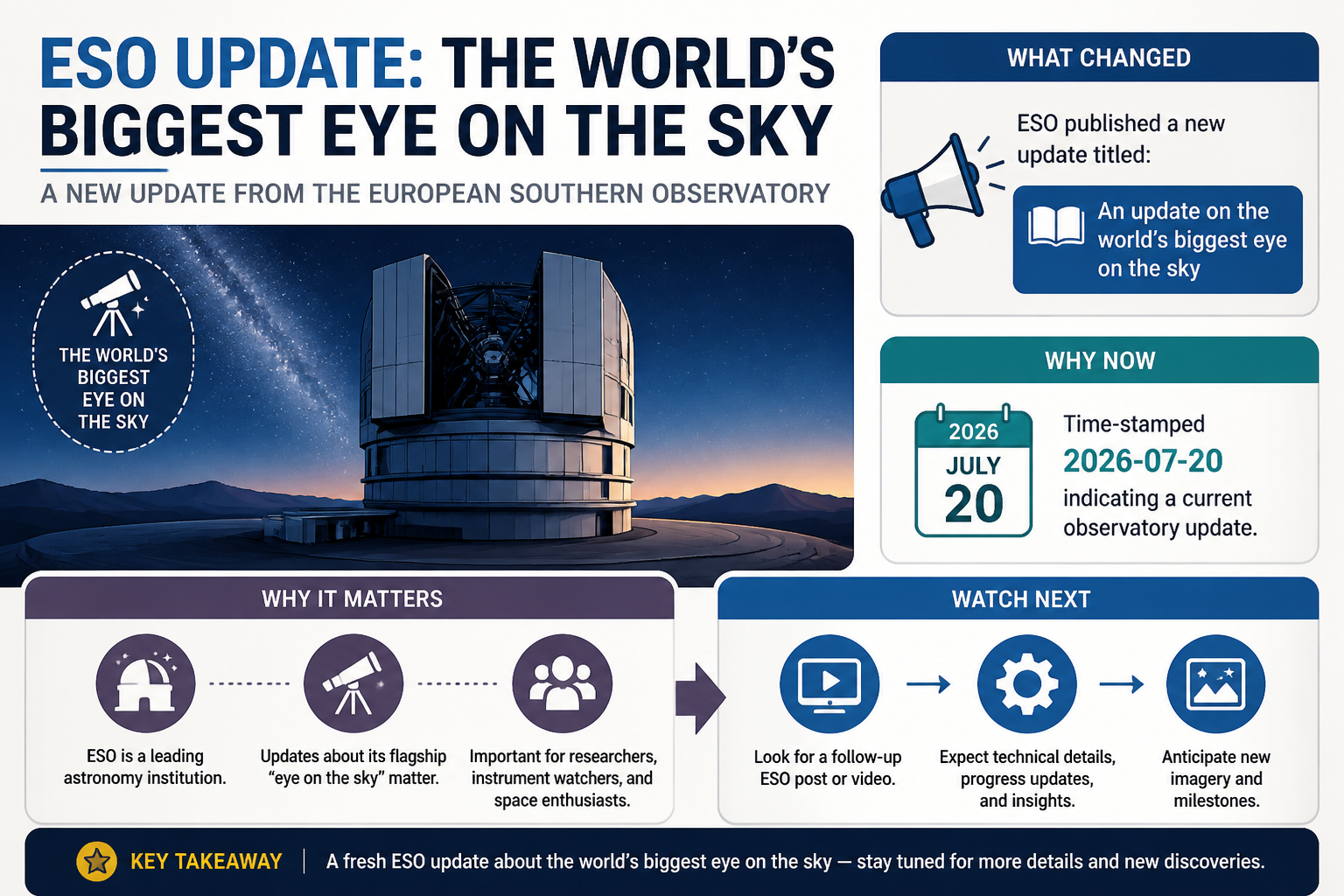 Visual Cheatsheet Version A for ESO posts an update on the world’s biggest eye on the sky. Full text follows for assistive technology.