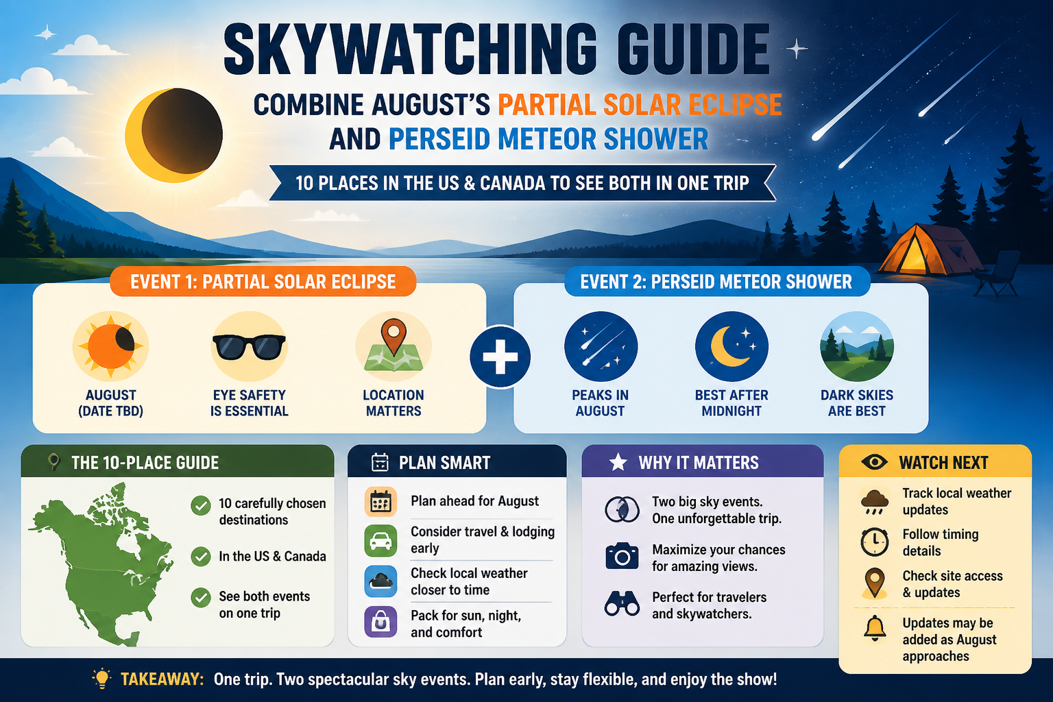 Visual Cheatsheet Version A for Skywatching guide: Combine August’s partial solar eclipse and Perseid meteor shower. Full text follows for assistive technology.