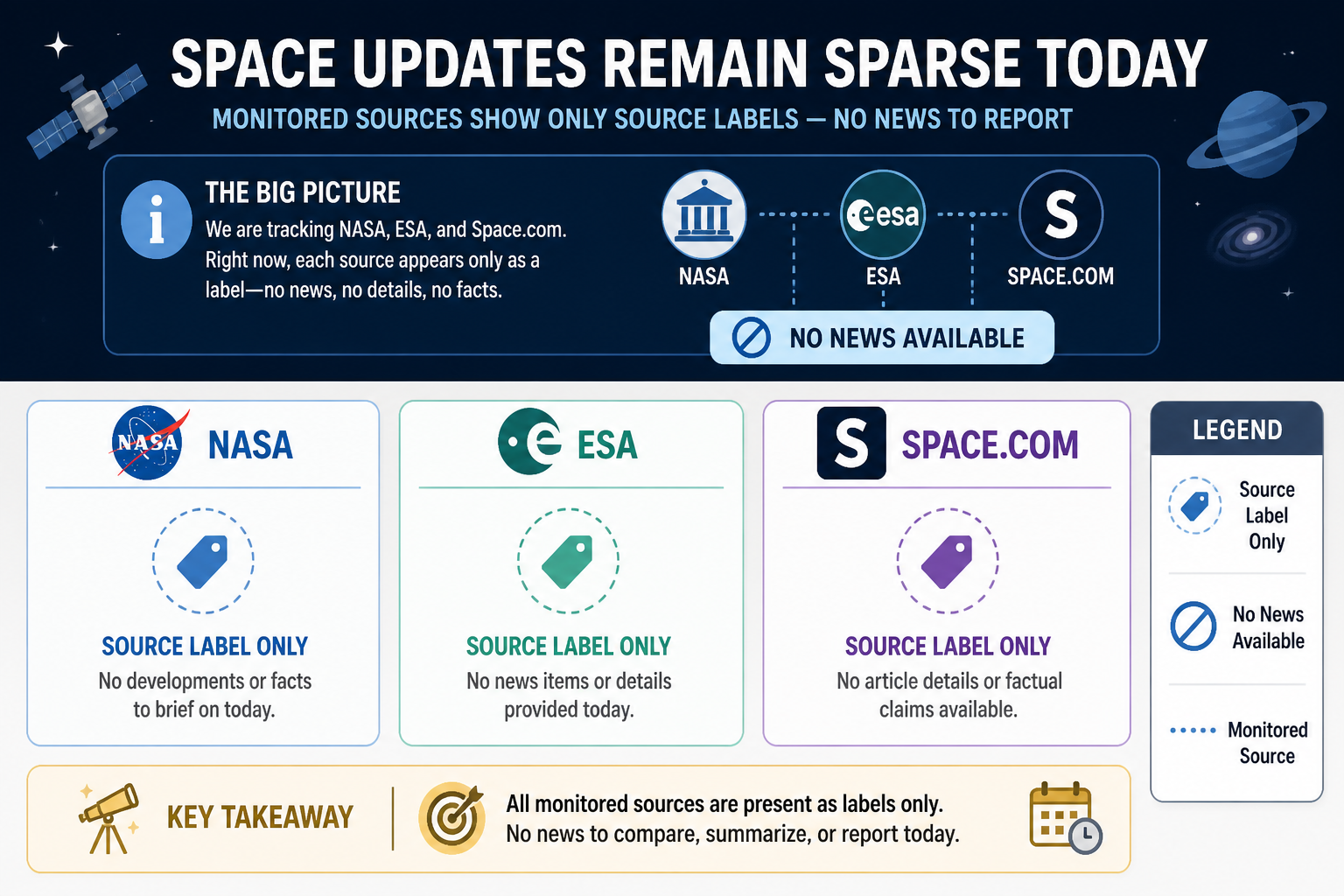 Cheatsheet for Space updates remain sparse today. Text equivalent is attached.