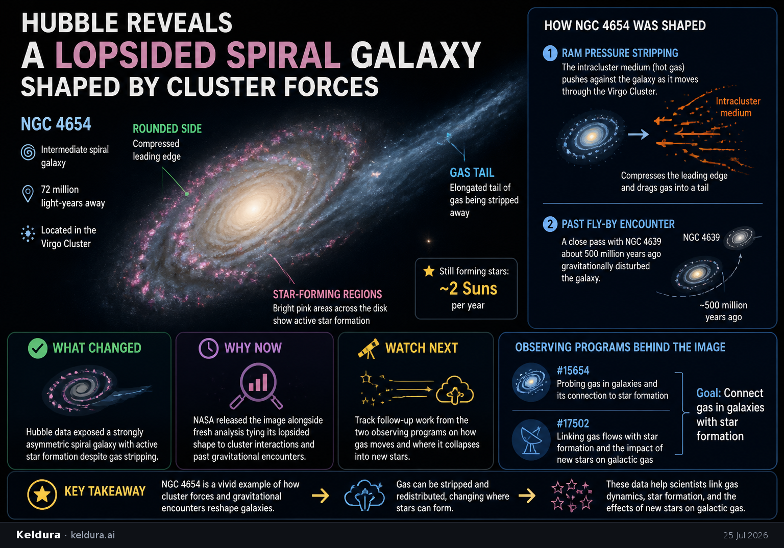 Visual Cheatsheet Version A for Hubble reveals a lopsided spiral galaxy shaped by cluster forces. Full text follows for assistive technology.