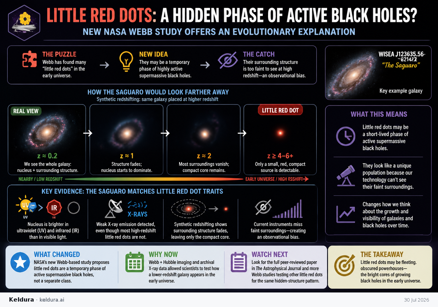 Visual Cheatsheet Version A for NASA Webb study argues some little red dots may be a temporary phase of active black holes. Full text follows for assistive technology.