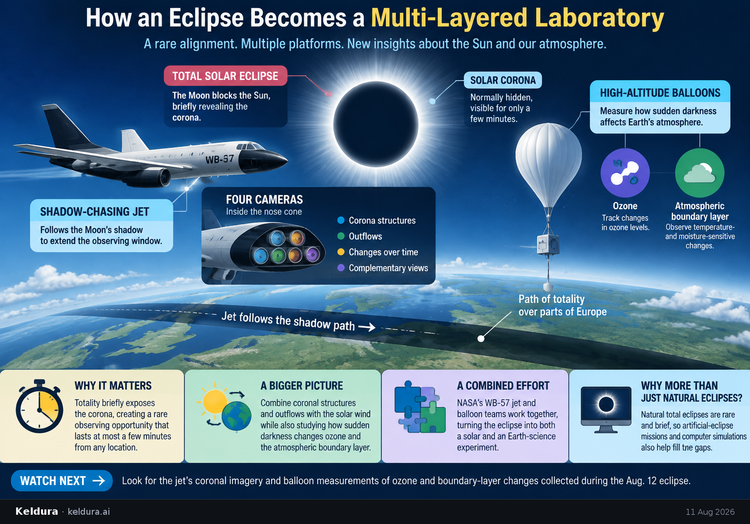Visual Cheatsheet Version A for How an eclipse becomes a multi-layered laboratory. Full text follows for assistive technology.