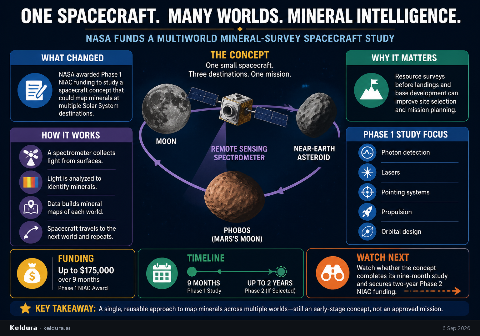 Visual Cheatsheet Version A for NASA funds a multiworld mineral-survey spacecraft study. Full text follows for assistive technology.