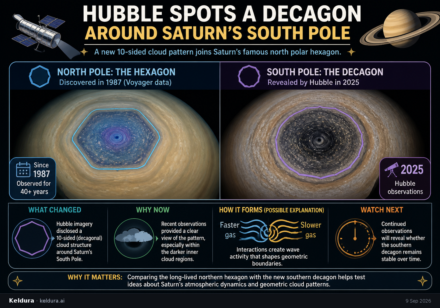 Visual Cheatsheet Version A for Hubble Spots a Decagon Around Saturn’s South Pole. Full text follows for assistive technology.