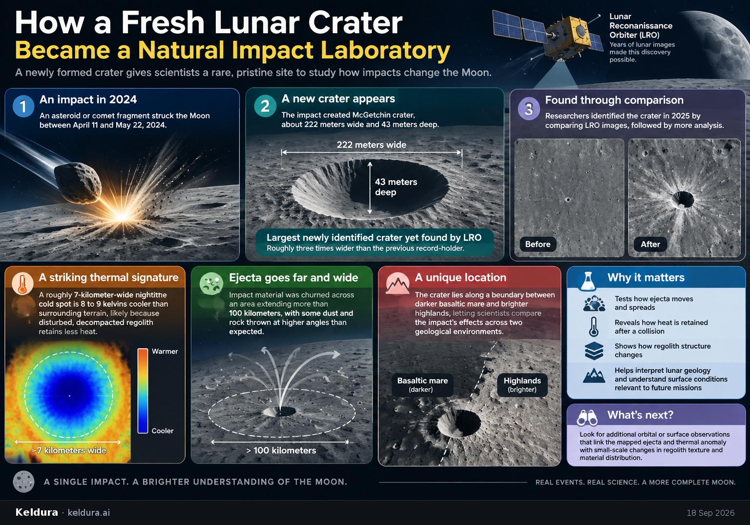 Visual Cheatsheet Version A for How a Fresh Lunar Crater Became a Natural Impact Laboratory. Full text follows for assistive technology.