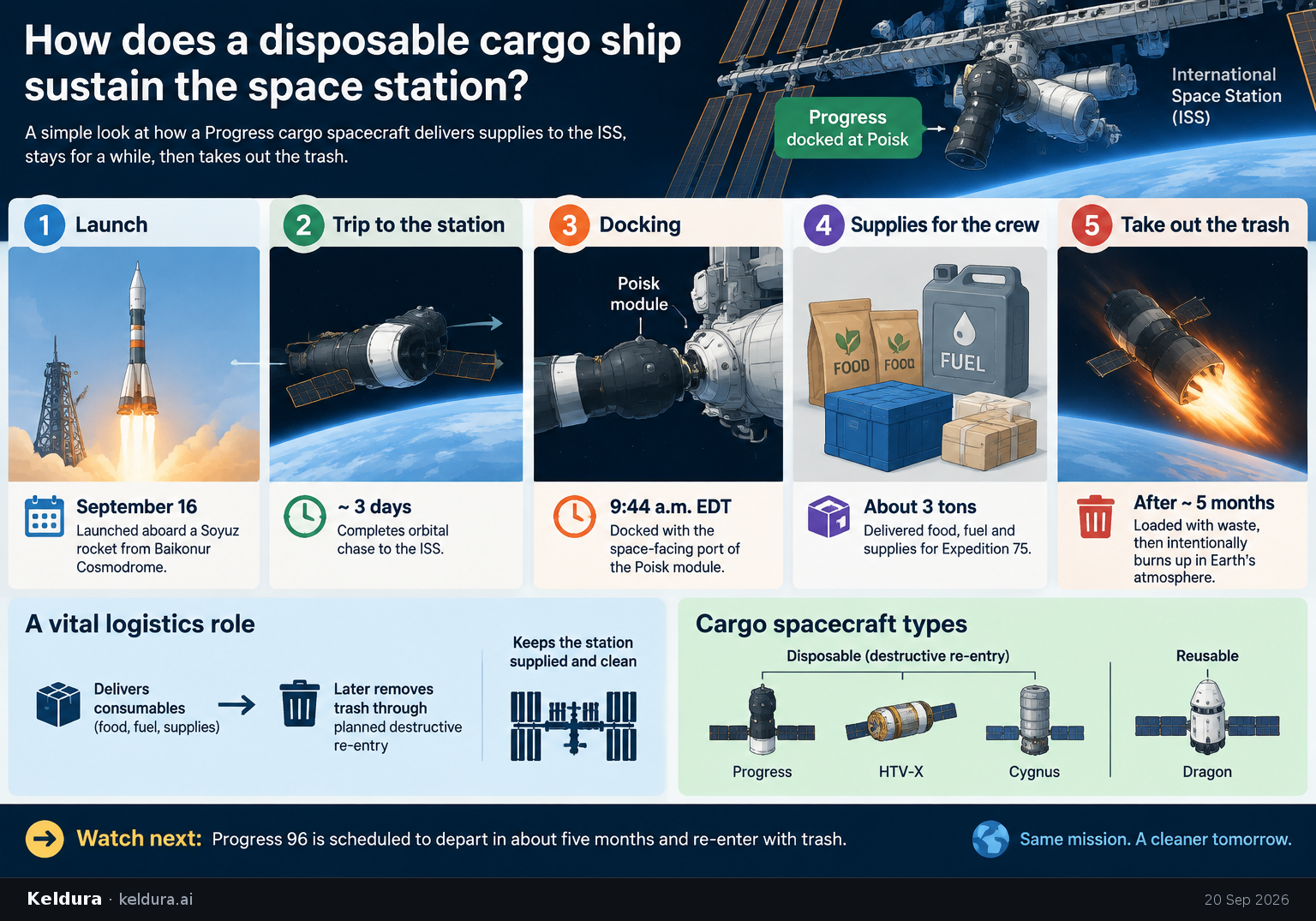 Visual Cheatsheet Version A for How does a disposable cargo ship sustain the space station?. Full text follows for assistive technology.