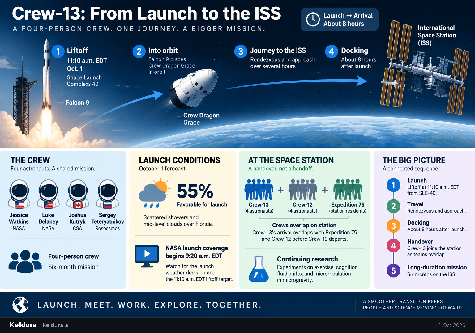 Visual Cheatsheet Version A for What has to happen between Crew-13’s launch and arrival at the ISS?. Full text follows for assistive technology.