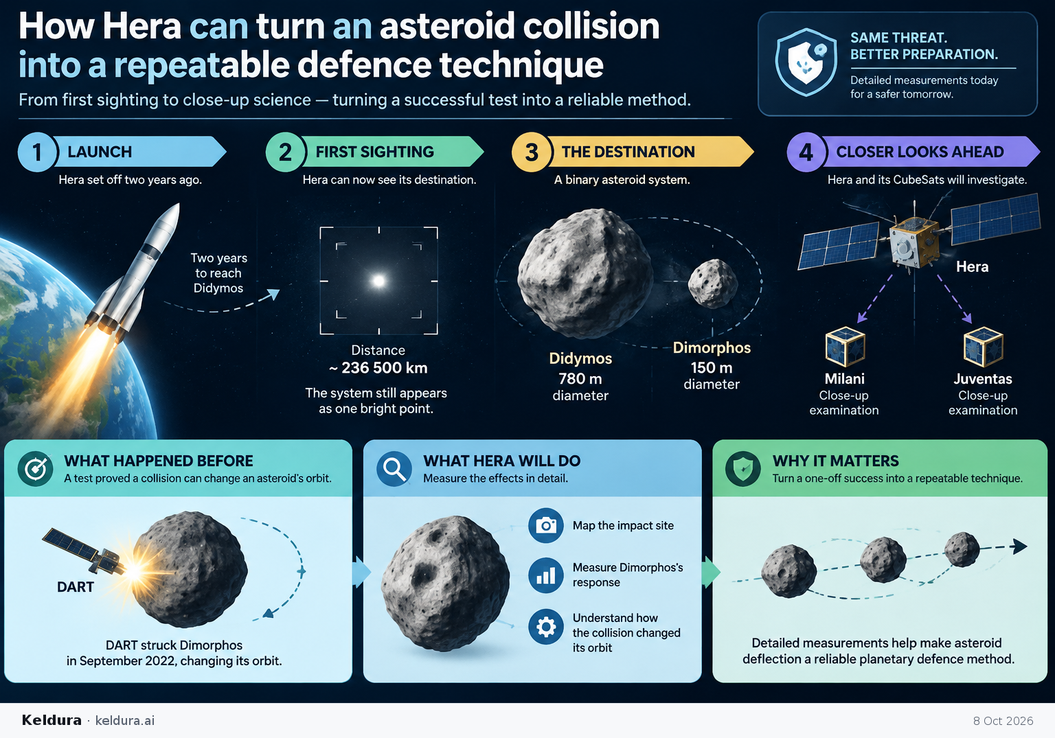 Visual Cheatsheet Version A for How Hera can turn an asteroid collision into a repeatable defence technique. Full text follows for assistive technology.
