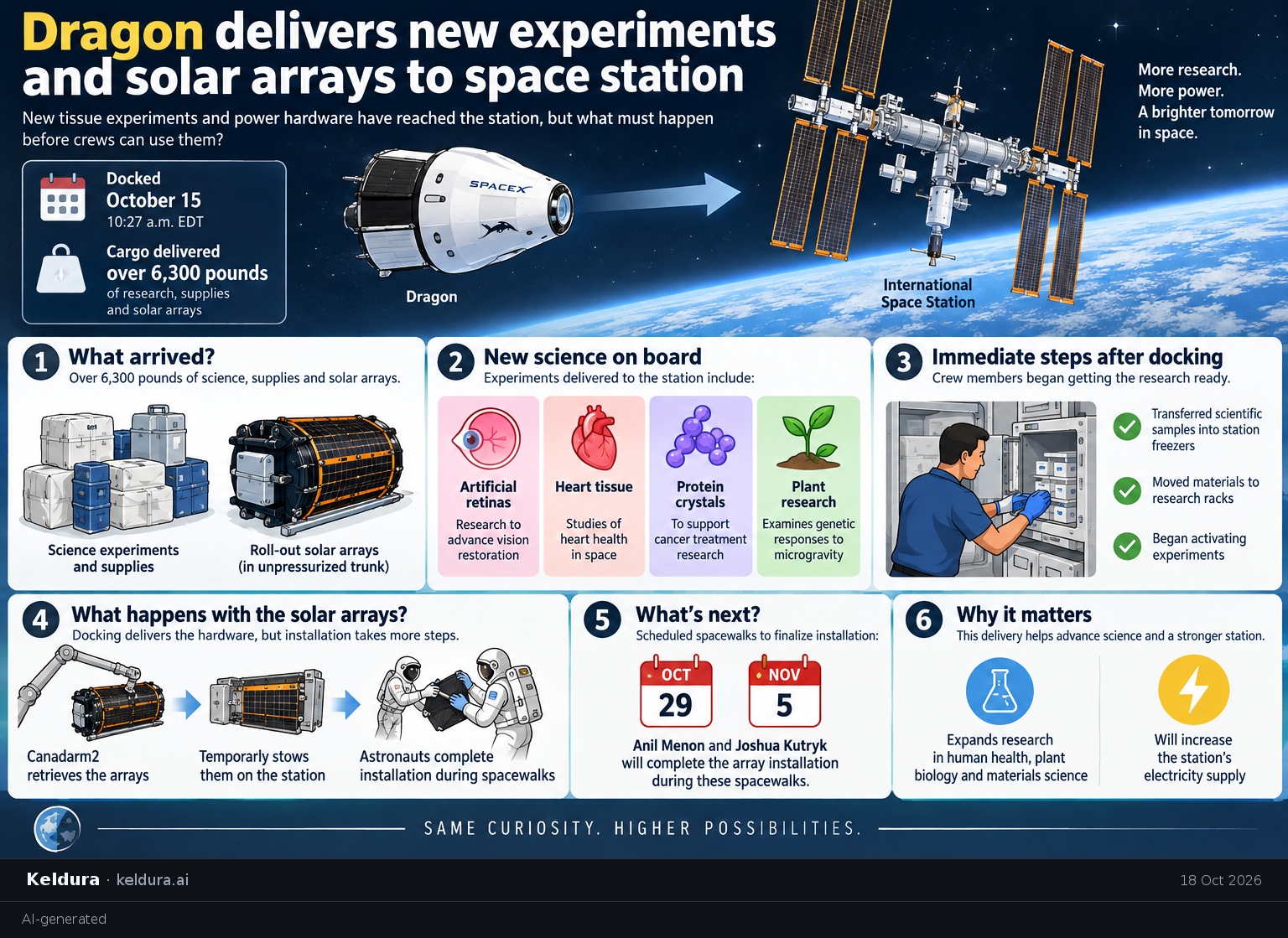 Visual Cheatsheet Version A for Dragon delivers new experiments and solar arrays to space station. Full text follows for assistive technology.