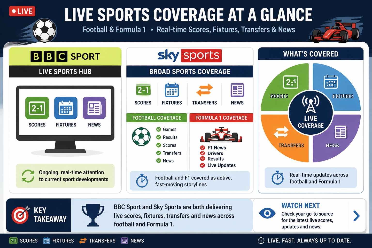 Visual Cheatsheet Version A for Sports pages show live coverage across football and F1. Full text follows for assistive technology.